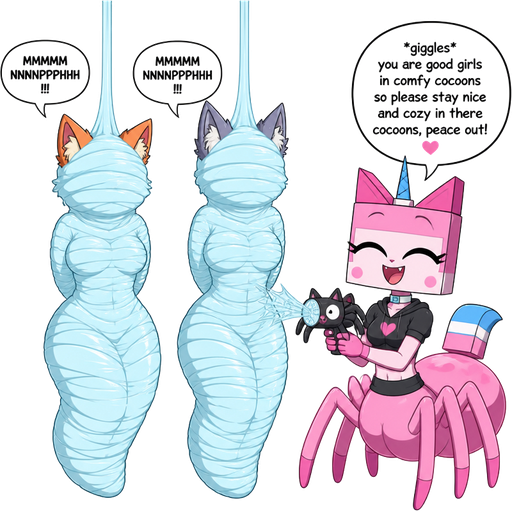 wrapped up and mummified fully covered in a #B8FFFF spider slik cocoon shaped like anthro female fox anthro arms behind back with #B8FFFF spider slik wrappings completely covered with thick layers non-transparent #B8FFFF spider slik wrappings hanged to the ceiling MMMMMNNNPPPHHH!!! on the left side next to wrapped up and mummified fully covered in a #B8FFFF spider slik cocoon shaped like anthro female wolf anthro arms behind back with #B8FFFF spider slik wrappings completely covered with thick layers non-transparent #B8FFFF spider slik wrappings hanged to the ceiling MMMMMNNNPPPHHH!!! on the left side next to happy anthro femboy pink cat drider based on unikitty holding #B8FFFF spider web blaster gun shaped like a spider black based on unikitty *giggles* you are good girls in comfy cocoons so please stay nice and cozy in there cocoons, peace out!