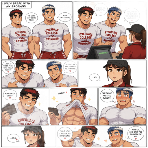 A Full page Anime Comic book story of a masculine and Bulky ANIME Cute Bara Man Who looks Normal and American 20 year old with a round facial Structure and Basic facial structure With Beefy and Round and Big Pecs that are visible through the shirt and Biceps and Bandaid on his nose. Wearing a College Swimming spirit shirt and swimming trunks and Dark Red Hair and Black Roots. At a fast food Place with his brother who has Blue hair and white roots and a Bandaid on his left cheek. Both at the cash registerw both flirting with the waitress at the cash register and saying fighting over who’s More handsome. And both Making a Warm, cute and hot smile. She says no with a strait face. Then one holding his wallet and then bottom of his shirt in his mouth showing Abs and the other Pec bouncing and starts then she says yes.