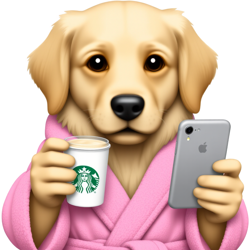 golden retriever wearing a pink robe with starbucks coffee on her left hand and an iphone in her right hand