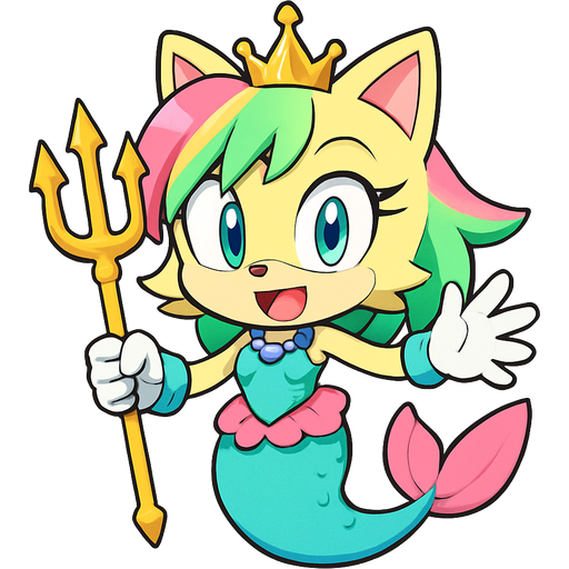 sonic x style version light yellow anthro cat with pink and green and yellow hair blue green eyes golden crown with light purple necklace light cyan braclets cyan and green dress with pink skirt attached to cyan and light blue mermaid tail with pink tail fins pink and cyan gloves holding a golden trident sonic x style version fan character emoji, expressive cute style