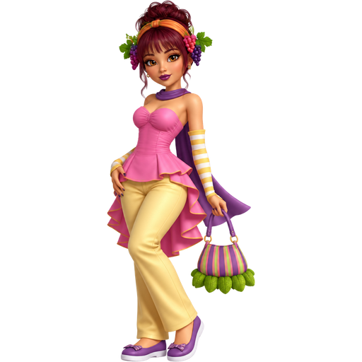 Raisin Cane with a Fair-Light Warm Golden Natural Skin Tone and a Heart Lip Shape with Bridget Voluminous Eyelashes and a Purple Matte Lipstick with a Dark Purple Lipliner and a Beige-White Eyeshadow with a High Tail-Arched Eyebrow and a Almond Eye Shape with a Inverted Triangular Face Shape and a Burgundy High Simple Slightly Messy Bun Including Bangs with Strands on each Side of her Hair Wearing an Orange Hairband around Her Bun with a Purple, Magenta, and Light Green Grape along with a Leaf on each side with Brown eyes Wearing a Pink Tube Top Dress with the Ruffles at the Back Being Slightly Longer and a Yellow lining At the Bottom Wearing Yellow and White Striped Detachable Arm Covers she Also has on a Purple Infinity Scarf Wearing Yellow Long Pants Wearing Purple Flats With White at the Bottom of her shoes and a Purple Lining and a Plaid Purple Flap Covering the Toes Carrying a Purple, Pink and Lime Green Striped Purse With Green Knitted Petals at the Bottom an a Luminous Glazed Complexion with a 3D Naturalistic Animation and a Mature Adult Curvy Toned Build and a Refined Pristine Set Up with a Theatrical Appearance