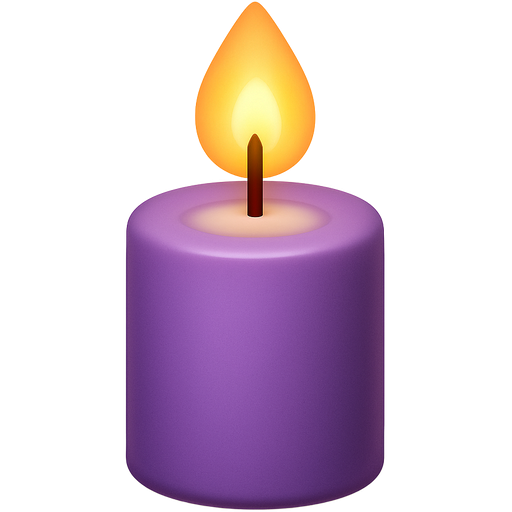 Purple Christmas candle emoji with soft flame, iOS-style smooth shapes, minimal shading, warm cozy glow, simple and clean look, neutral background.