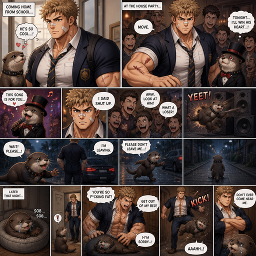 A Lifelike and Detailed Anime Comic book story about of a Bulky and Beefy and every Muscle is bigger than average and less shredded or muscular with Chunky and Bulky chest and Biceps and his defined abs ANIME Cute Bara Man American 20 year old with a ROUND and BASIC facial structure and Young Adult BARA CUTE that is Peach Toned skin not anything else MALE not to detailed With bigger than average Pecs that are visible through the shirt and Biceps but slim and Athletic Lower body that makes have a V-Tapper Lower Body and a big Bandaid on his nose and Left Cheek and Right Eye brow with Scars all over his Chest and arms. Wearing a no piercings Wearing a baggy School Uniform and tie with Blazar and Pants and yellowish Brown Hair and Bright Light Brown fluffy Hair and Strait with brown eyes and black eyebrows with a Three finger Slash on his Eyebrow. With no Facial Hair. Coming home from School with his Pet Otter that has a Collar and has a Huge Crush on him but he doesn’t like the otter back, at a House party they the otter is dressed in a suit and top hat. And hey nudges the otter out of the way to get to the front door and when they get in they all bully the otter. And the otter want to sing karaoke love song for him but he doesn’t like it and the otter is thrown at the speakers and then the speakers fall and he leaves the otter. And the Otter chases after his car but then he walks all the way home. And then comes back home through the doggy door and the otter cries in his doggy bed and he comes out and Excessively Bullies him for being to pound when he tries to sleep
