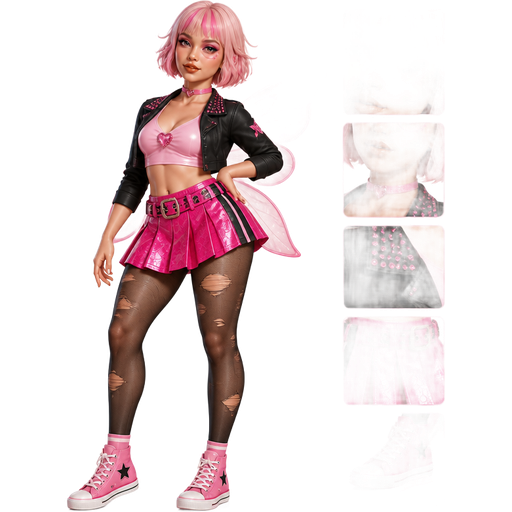 Sherry Bobbleberry as a Fairy with a Fair-Light Neutral Buff Skin Tone and a Narrow Lip Shape With Raquel Eyelashes and a Amber Spice Lipstick with a Mauve Eyeshadow and a Short Eyebrow Shape with a Hooded Eye Shape and a Round Face Shape with a Light Pink Bob Including Bangs with Pink Highlighted Streaks with a Light Pink Halter Top and a Short Black Jacket Over it with Pink Rhinestones on the Collar Wearing a Hot Pink Pleated Crackle Designed Skirt and Thin Black Stripes going down the sides with a Hot Pink Crackle Designer Belt Wearing Light Pink Wings and a Pink Lining Wearing a Pink Chocker Necklace Wearing Black Slightly Ripped Stockings and Pink Sneakers with a Thin White Line At the Top of The shoes and a White at the Lip of them as Well along with White at the Bottom of the Shoes and a Black Star on each side of them with a Pink Circular Face Painting Surrounding her Right Eye and a Luminous Glazed Complexion with a 3D Naturalistic Animation and a Mature Adult Curvy Toned Build with a Luxury Glossy and a Refined Pristine Set Up with a Theatrical Appearance