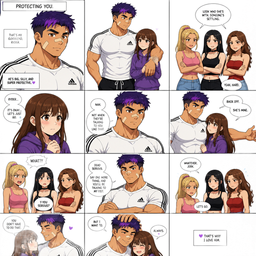 A Full page Anime Comic book story about of a masculine and Bulky ANIME Cute Bara Man American 20 year old with a ROUND and BASIC facial structure and TENAGE BARA CUTE MALE not to detailed With bigger than average Pecs that are visible through the shirt and Biceps and a big Bandaid on his nose and Left Cheek and Right Eye brow. Wearing a no piercings Baggy White Adidas Athletic shirt and Short and Purple Hair and Bright Purple Hair Tips and Strait with brown eyes and black eyebrows. Protecting his girlfriend from mean girls.