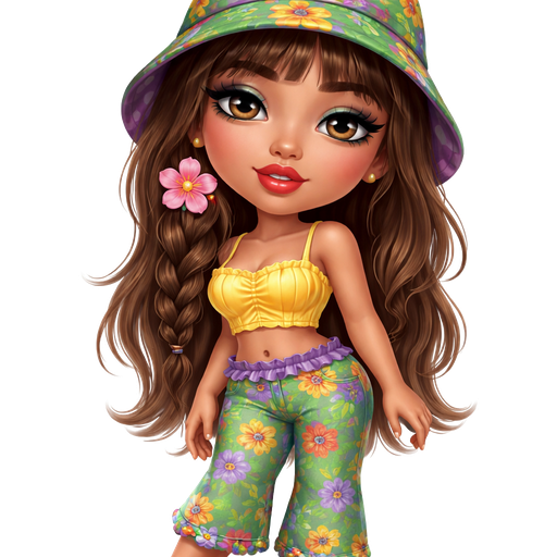 Coco Calypso with a Medium-Tan Neutral Amber Skin Tone with a Down-Turned Lip Ship and an Express Eyelash Set Up with a Pink Matt Lipstick and a Red Lip Liner with Glossy Finish with a Soft Blue Grey Eyeshadow and Straight Eyebrows and a Down-Turned Eye Shape and a Heart Face Shape Wearing a Green Bucket Hat with Yellow Flowers and Purple on the inside, Purple Flowers and Yellow on the inside and Orange Flowers with Purple on the Inside Printed Patterns With a Green Palm Tree at the Top of The Hat with Brown Hair with a Braid on Part of the Hair Included with Bangs with a Pink Flower Clip in the Middle of Her Hair Wearing a Yellow Crop Top and Green Pants With Purple Flowers with Yellow in the Middle, Yellow Flowers with Purple in the Middle and Orange Flowers with Purple in the Middle Printed Pattern with Purple Ruffles at the Top of the Pants Wearing a Purple, Yellow and Green Flower Bracelet on Her Right Leg and Wearing Pink Flip Flops with the Surface of the Sandals being Orange with a Mature Adult Toned Build and Vivid with Distinct Features and High Visual Textures in a Soft 4K Intense Polished Shine