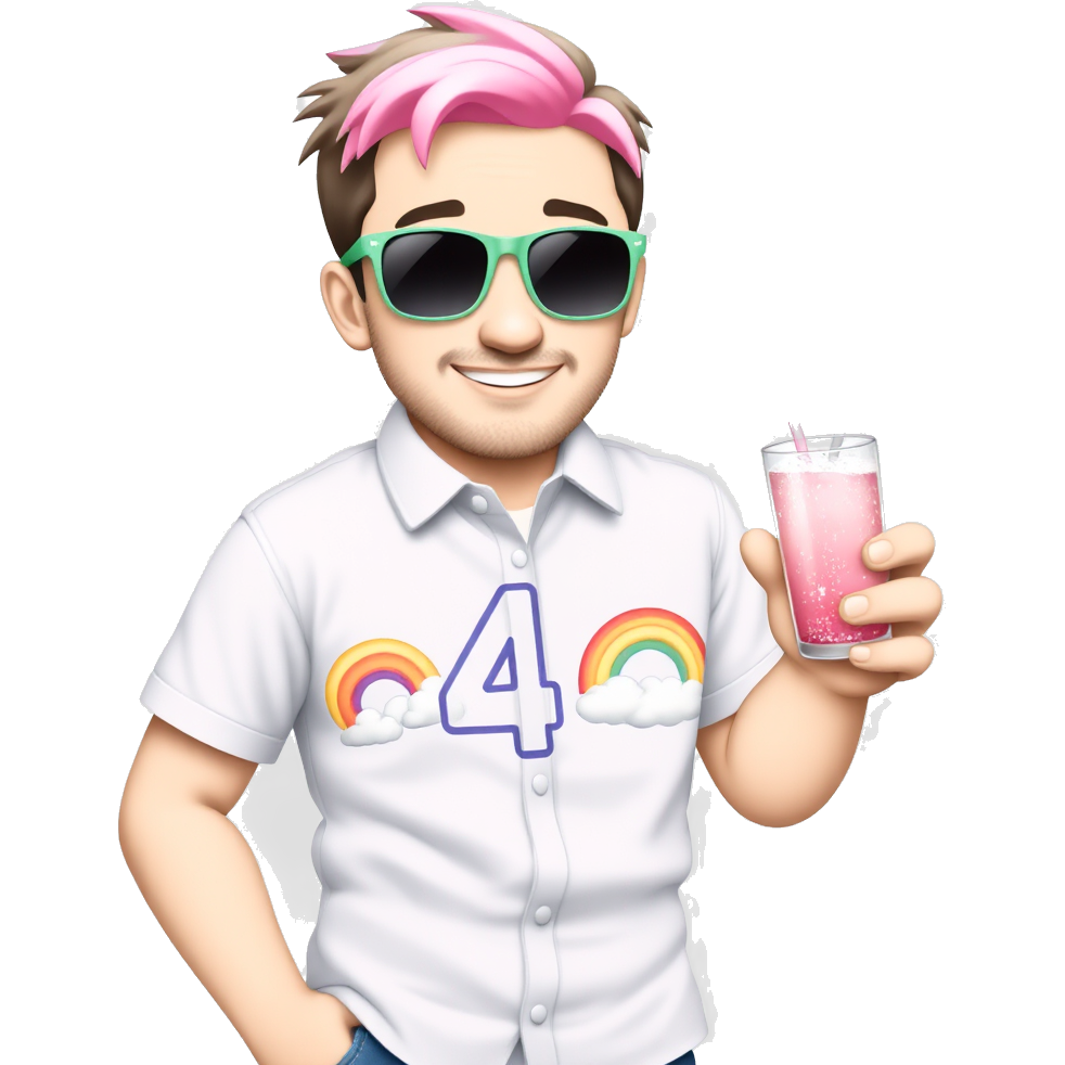 "Matt Sturniolo in a pastel-hued Matthew 4 shirt, adorned with delicate clouds and cute rainbows, sporting pastel sunglasses and sneakers. His hair has soft pink highlights, while he holds a shimmering glittery drink, surrounded by whimsical pastel stars and hearts floating around him."