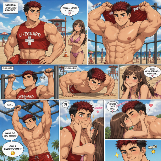 A Full page Anime Comic book story of a masculine and Bulky ANIME Cute Bara Man Who looks Normal and White American 20 year old with a ROUND facial Structure and BASIC facial structure With More than Avergae but the perfect size and Round and Big Pecs that are visible through the shirt and Massive Biceps that make shirt sleeves look small and Bandaid on his nose. Wearing a sleeveless Lifeguard short shirt and shorts and Dark Red Hair and Black hair Roots. At a the beach and a girl, watching him, take off his shirt at practice and starts flirting with him. He Does some pull-ups and push up. And asks her if she thinks he’s handsome while making a face that is Hot and dangling of monkey bars.. And she grabs his face and Pinches his cheeks and kisses him. And says you’re cute too. And he winks at her