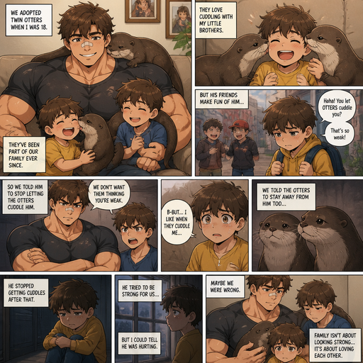 A DETAILED AND LIFELIKE ANIME Comic Book story view of a Bulky but Muscular ANIME Cute Bara Man With Peach toned skin Who looks Normal aind round facial Structure and Basic facial structure With Puffy and Big Pecs that are visible through the shirt and Biceps and Bandaid on his nose and Brown Fluffy and Strait hair. Wearing normal With his pet Grown and long and healthy otter and 2 little brothers that are in different ages but young. And they See there twin otter cuddle with them. And the otters Cuddle the Little Brothers and they keep them as pets and take care of them. The little brother gets bullied by his friends and the brothers get mad at the otters for making them look weak. and then the otters were told not to be with the youngest brother that way they don’t make him look weak, and the youngest brother is sad because he doesn’t get to cuddle anymore.