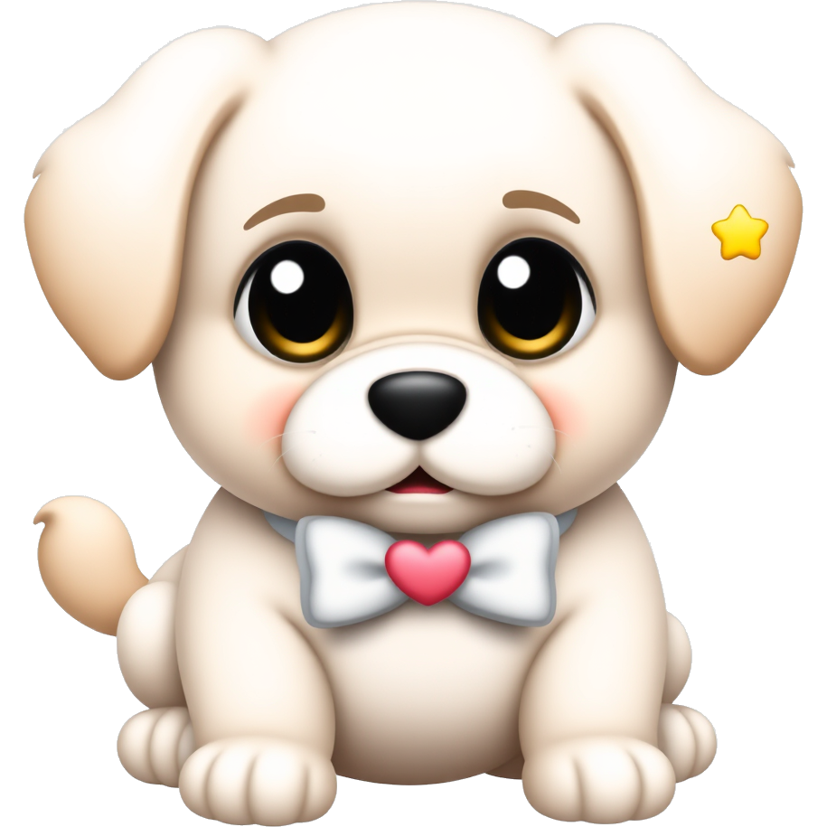 A chubby, pastel-colored puppy with oversized sparkling eyes, wearing a tiny bowtie and a fluffy heart-shaped collar. Its ears are floppy and adorned with colorful, playful stickers. It has a little wagging tail and sparkles around it, radiating pure cuteness! πΎβ¨