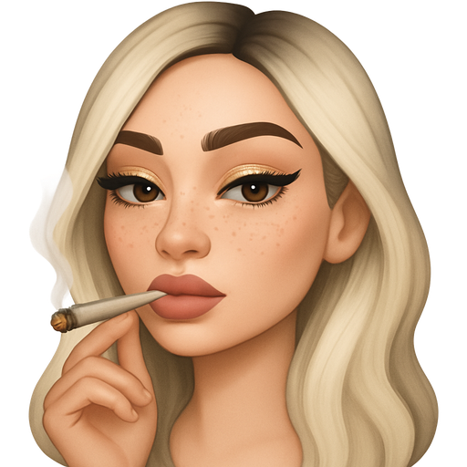 28 year old kind of a baddie with full but not too big lips a slight bumpy nose high cheek bones with freckles hazel eyes very long lashes winged eyeliner sparkly eyeliner and lips very fair skin with long slightly wavy ice blonde hair and dark roots parted to the side smoking weed
