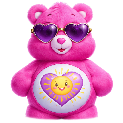 Shine Cerise Care Bear with a Yellow Rising Smiling Sun with Purple Rays inside A Picture Heart and yellow rays outside of the heart on the stomach with a pink heart nose Wearing Purple Heart sunglasses and a Gold Bridge Connecting the Sunglasses