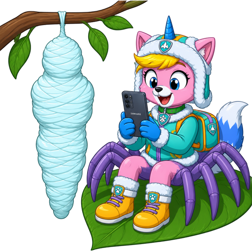 #B8FFFF sticky slik mummy-like-cocoon human entombed wrapped up and mummified fully covered in a #B8FFFF spider slik cocoon shaped like human with arms behind back with #B8FFFF spider slik wrappings completely covered with thick layers non-transparent #B8FFFF spider slik wrappings #B8FFFF hanging to branch next to happy pink cat anthro furry boy drider with yellow hair blue and white tail white wrists blue hands purple spider legs white socks yellow boots green collar blue unicorn horn based on unikitty wearing everest's hat and everest's clothing with everest's backpack sitting on leaf holding Samsung phone