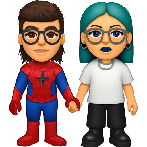 A white girl, with dark brown mullet with shaved sides, bushy eyebrows, big lips, brown eyes and thick glasses wearing a Spider-Man suit from the neck down and holding hands with a white girl with medium blue hair, blue eyes, has a nose piercing and also piercing above the lip, gauged ears with black earrings, silver chain necklace, makeup with winged liner and blue lipstick and round glasses and she is wearing a big white tshirt and black sweatpants and boots on big platforms so both of them are the same height
