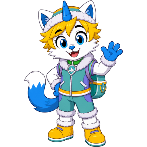 smiling cat anthro furry boy with yellow hair blue and white tail white wrists blue hands white socks yellow boots green collar blue unicorn horn based on unikitty wearing everest's hat and everest's clothing with everest's backpack