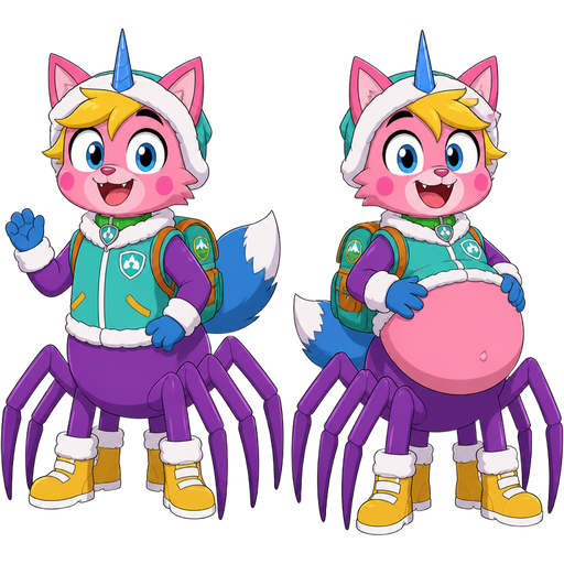 happy pink cat anthro furry boy drider with yellow hair blue and white tail white wrists blue hands 6 purple spider legs white socks yellow boots green collar blue unicorn horn based on unikitty wearing everest's hat and everest's clothing with everest's backpack next to happy pink cat anthro furry boy drider with yellow hair blue and white tail white wrists blue hands 6 purple spider legs white socks yellow boots green collar blue unicorn horn based on unikitty wearing everest's hat and everest's clothing with everest's backpack with full belly