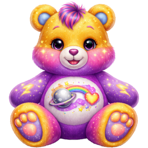 Starlight Love Care Bear with Gradient Pink/Dark Purple Striped Mixed Pattern Fur and Amber Yellow Ears, Paws, Feet and The Upper-Half of the Face is also Amber Yellow with Shooting Stars and Lightning Strikes on the The Paws, Upper Face, Ears and Feet with a Smiling Sliver Saturn with the Ring being Half Silver and Pink Next to a Rainbow Shooting Pink Heart with Yellow, Pink, and Blue Stars Surrounding it on the Stomach with White Twinkles in the pupils of the eyes and Purple and Pink striped Tufts of hair and a Purple Heart Nose with Blue inside the ears