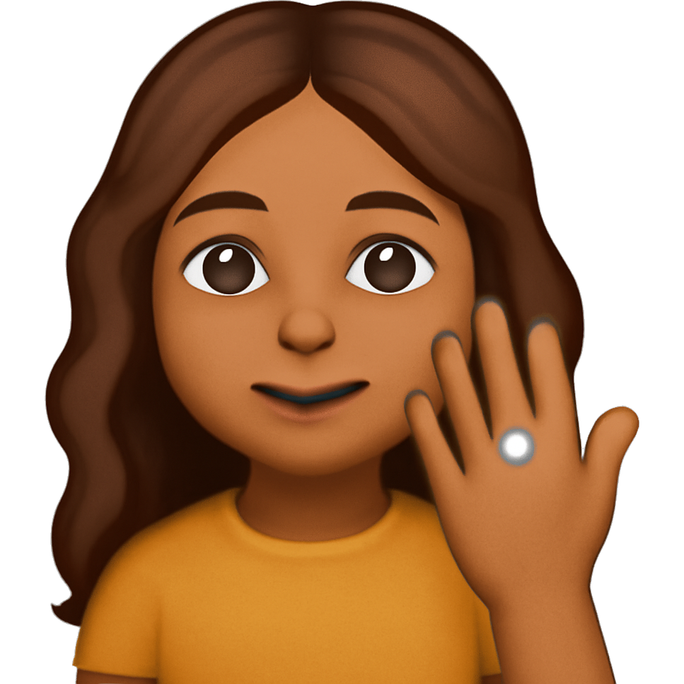 Short, tan skin, long brown wavy hair girl showing her engagement ring on her ring finger to the camera
