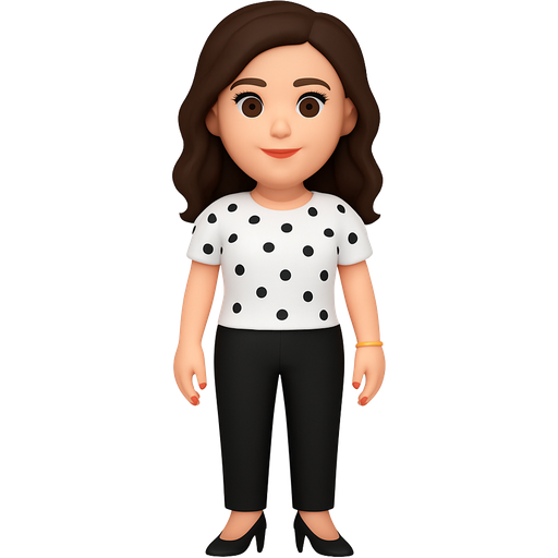 White lady with Black pants and white polka dotted shirt a little bit wavy dark brown hair with black high heels with red nails bracelets