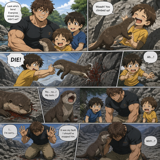 A DETAILED AND LIFELIKE ANIME Comic Book story view of a Bulky but Muscular ANIME Cute Bara Man With Peach toned skin Who looks Normal aind round facial Structure and Basic facial structure With Puffy and Big Pecs that are visible through the shirt and Biceps and Bandaid on his nose and Brown Fluffy and Strait hair. Wearing normal With his pet Grown and long and healthy realistic otter and 2 little brothers that are in different ages but young. and then his favorite otter crawled up to the youngest brother. The youngest brother throws the otter into a Rock. In the otter’s twin goes to him and cries. and the order sits there and surrenders.