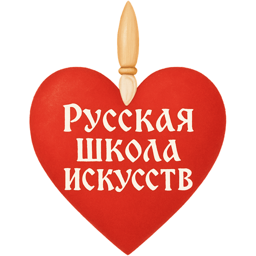 Сердце, сверху воткнута белая кисть, на кисточке написано Русская Школа искусств, шрифт в старославянском стиле, в красно белом цвете