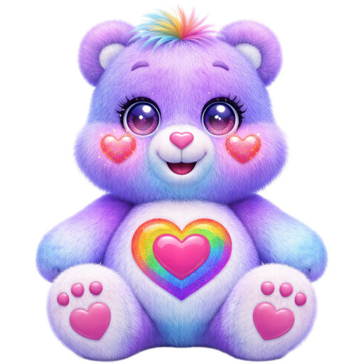 ILY Care Bear with Purple/Light Blue Ombré Pattern Fur with a Light Pink Heart Nose with White Sparkly Orange and Purple Ombré Heart Cheeks with Sparkling Hearts on the Pupils of the Eyes with a Pink Heart Surrounded by a Rainbow Heart on the Stomach with White Paws and Feet with Multicolor Tufts of Hair