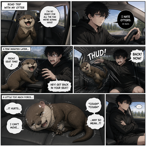 An Real life Anime comic book impact of a A otter seating in the back and talks about how ready he is for the fun there going to have and also in the car his Cute and Handsome owner who hates the otter wearing a Black Hoodie and Shorts owner who is on a road trip with his otter in the back and the otter climes to the front and Squirms in the front seat and is thrown back into his chair says it hurts. And he lays there and can’t move. And Cries and Lay‘s on its Side coughing
