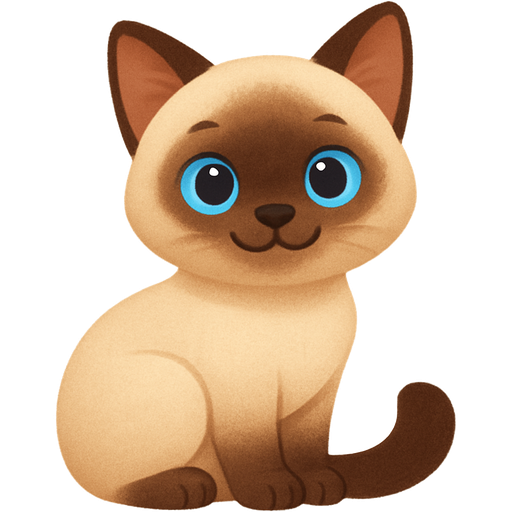 Siamese cat emoji with bright blue eyes, cream body, dark brown face mask, ears, paws, and tail tip; soft rounded features and a friendly, curious look