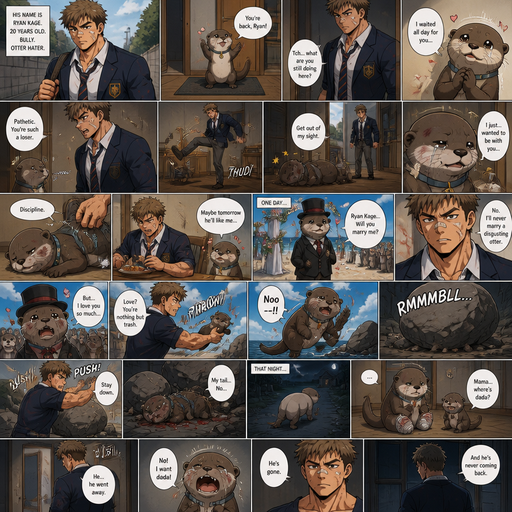 A Lifelike and Detailed Comic book story about of a Bulky and Beefy and every Muscle is bigger than average and less shredded or muscular with Chunky and Bulky chest and Biceps and his defined abs ANIME Cute Bara Man American 20 year old with a ROUND and BASIC facial structure and Young Adult BARA CUTE that is Peach Toned skin not anything else MALE not to detailed With bigger than average Pecs that are visible through the shirt and Biceps but slim and Athletic Lower body that makes have a V-Tapper Lower Body and a big Bandaid on his nose and Left Cheek and Right Eye brow with Scars all over his Chest and arms. Wearing a no piercings Wearing a baggy School Uniform and tie with Blazar and Pants and yellowish Brown Hair and Bright Light Brown fluffy Hair and Strait with brown eyes and black eyebrows with a Three finger Slash on his Eyebrow. With no Facial Hair. Coming home from School with his Pet Otter that has a Collar and has a Huge Crush on him but he doesn’t like the otter back, at his house waiting at the door and excessively Bullies it all day. And he the otter always gets disciples. And the otter one day dressed up really nice and with a top hat on creates a huge ceremony at the beach to marry him and he says no and the otter is throw at rock and a bolder falls and he pushes the rock down more and he looses his tail. And no longer has a tail he goes home and the otter’s baby asks were dada and he(the human) says gone