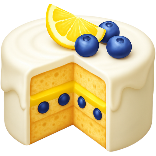 lemon and blueberry layer cake, whole cake, white frosting. blueberries in the cake, lemon curd filling