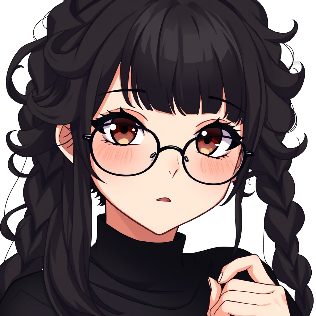 anime art of A young woman with long black curly hair and a micro straight bang,brown eyes, black clothes with big glasses and a septum piercing on a white background