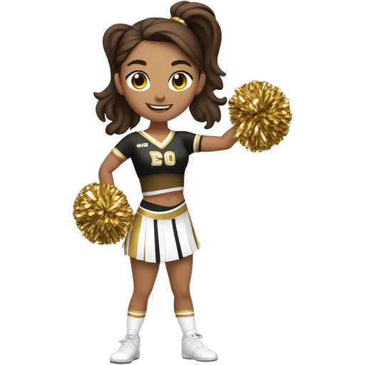 Cheerleader with brown hair in high ponytail.full body pose and her cheer uniform is black, gold, and white the mascot is an Indian and shes tan