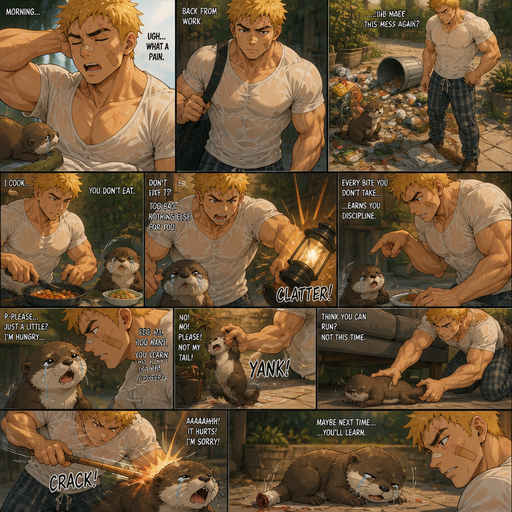 Structures and Young Adult BARA CUTE that is Peach Toned skin not anything else MALE not to detailed Wit h bigger than average Pecs that a re visible through the shirt and Biceps and a big Bandaid on his nose and Left Cheek and Right Eye brow with Scars all over his Chest and arms. Wearing a White Baggy Top that is tight around the waist and Athletic shirt drenched in sweat and Short and yellowish orange Hair and Bright Gold Fluffy Hair and Strait with brown eyes and black eyebrows with a Three finger Slash on his Eyebrow. With no Facial Hair. Waking up in the morning in pajamas and his pet otter but Excessively bully’s it. And when he comes back from work he sees the otter right we’re he left him with trash around him and made a mess. He makes dinner and the Otter doesn’t even eat dinner and cries. And he Tips lamp over and Every food the otter doesn’t eat th e Otter doesn’t even eat dinner and cries. And he Tips lamp over and Every food the otter doesn’t eat there are is discipline. and asks for some and the and the looses a tail and tries to run under the couch but stops him. And the otter Receives discipline that. All of this is outside