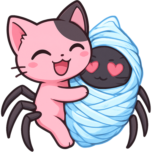 pink and black cat spider hybrid happy hugging #B8FFFF slikworm cocooned pod black cat happy with pink heart eyes encased enveloped cocooned covered with #B8FFFF huge coating of #B8FFFF slik and huge #B8FFFF slik wrappings and huge #B8FFFF webbing wrappings #B8FFFF with it's eight spider legs