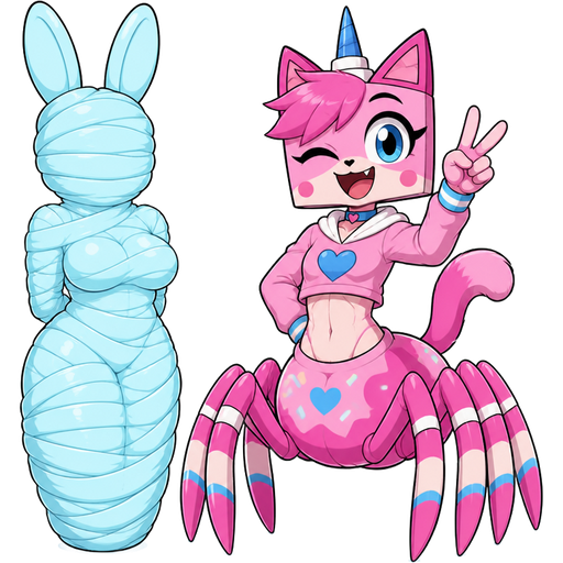 wrapped up and mummified fully covered in a #B8FFFF spider slik cocoon shaped like anthro female rabbit anthro arms behind back with #B8FFFF spider slik wrappings completely covered with thick layers non-transparent #B8FFFF spider slik wrappings next to a happy anthro femboy pink cat drider doing victory sign based on unikitty