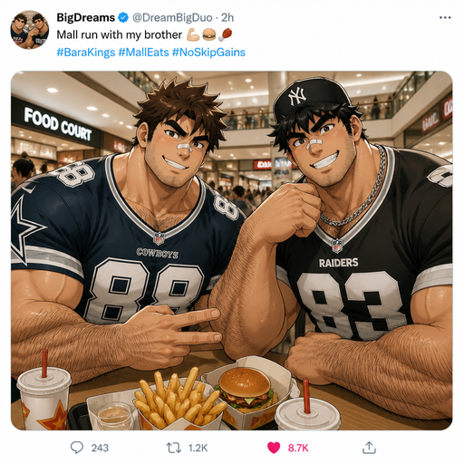 A REALISTIC AND LIFELIKE Comic Book long Story of a Bulky but Muscular ANIME Cute Bara Man With Peach toned skin Who looks Normal and a huge and Masculine round facial Structure and Basic facial structure With Puffy and Big Pecs that are visible through the shirt and Biceps and Bandaid on his nose and Brown Spiky hair and His Hair Curls At the tip of strands. Wearing a baggy football jersey and Jeans and he has a Hairy body. And has HUGE Hands and MASSIVE arms and looks HOT with his friend (that looks like him but Black instead of brown hair and Has A Chain on and Baseball hate and is also Peachy skin). A picture taken of him with His friend at the Mall about to eat some food looking HOT AND IRRESISTABLE and post it’s on social media