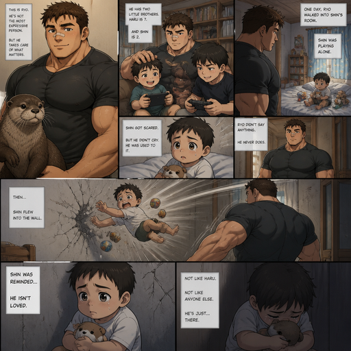 A DETAILED AND LIFELIKE ANIME OF comic Book extended story that shows everything of a Bulky but Muscular ANIME Cute Bara Man With Peach toned skin Who looks Normal aind round facial Structure and Basic facial structure With Puffy and Big Pecs that are visible through the shirt and Biceps and Bandaid on his nose and Brown short hair that makes them look tough. Wearing normal With his pet Grown and healthy realistic otter and 2 little brothers that are in different ages but young. He never loved his baby and the baby brother one day was playing on his bed alone with no one around and gets scared but doesn’t scream when he walks In. And the baby brother flies At the wall From him. And the baby brother is reminded how he isn’t loved