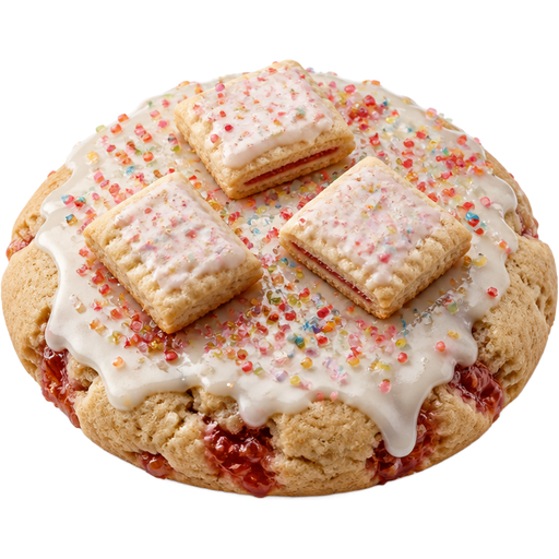 Cookie Filled and Baked in with Strawberry Preserves and Vanilla Icing On Top with Rainbow Sugar and Three Strawberry Pop Tart Bites on Top