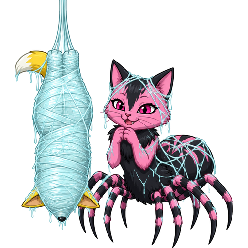 #B8FFFF spider slik cocoon #B8FFFF mummified completely covered yellow fox hanged upside down covered with #B8FFFF thin coat of #B8FFFF spider webs and covered with thick layer of #B8FFFF spider slik webbing next to pink and black cat drider hybrid