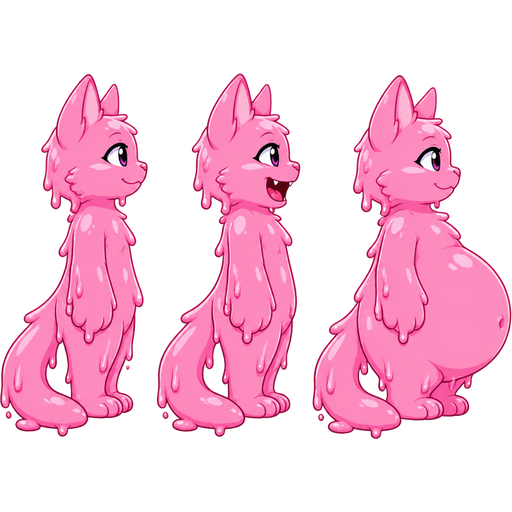pink slime cat furry side view next to pink slime cat open mouth furry side view next to pink slime cat with full belly furry side view