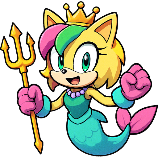sonic x style version light yellow anthro cat with pink and green and yellow hair blue green eyes golden crown with light purple necklace light cyan braclets cyan and green dress with pink skirt attached to cyan and light blue mermaid tail with pink tail fins pink and cyan gloves holding a golden trident sonic x style version fan character emoji, expressive cute style