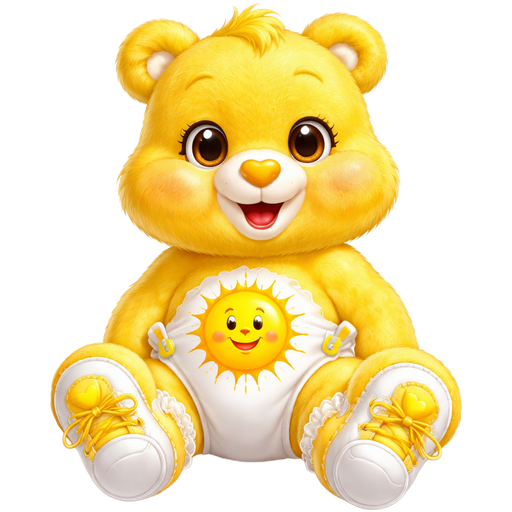Funshine Bright Yellow Care Bear with a smiling sun on its stomach and wearing a diaper and baby socks and shoes with laces with a dark yellow heart nose