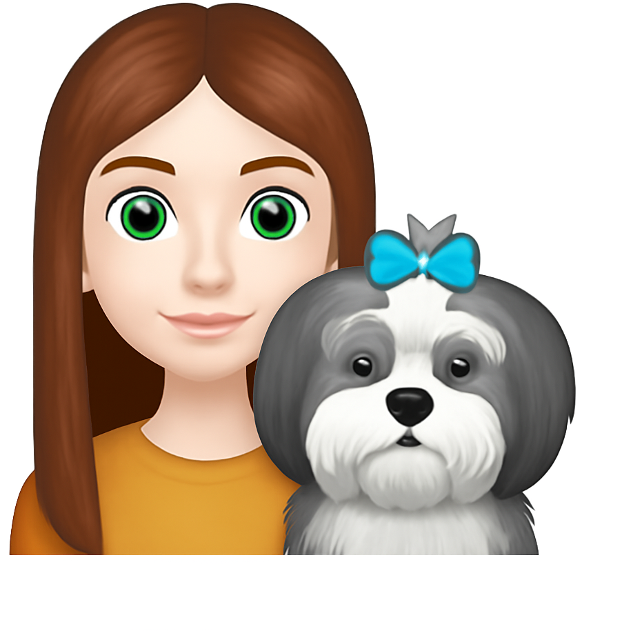Pretty skinny girl brown hair green eyes straight hair with grey and white shih tzu dog with blue bow in his hair