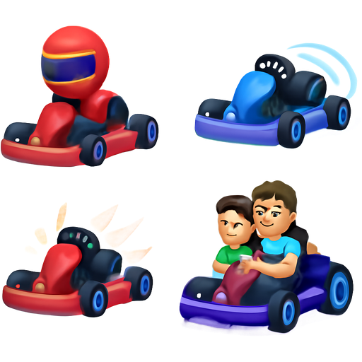 Create a set of custom emoji-style icons representing go-karts. The design should be modern, minimal, and playful—similar in style to Apple or Google emojis, but with a unique twist. Each go-kart should be front-facing or slightly angled, with clean lines, bright colors, and high visual clarity. Include the following variations: 1. A red go-kart with a racing helmet 2. A blue go-kart drifting around a turn 3. A stylized speed burst icon behind a go-kart 4. A family-friendly go-kart with two riders (parent and child) 5. A neon-lit go-kart for nighttime racing