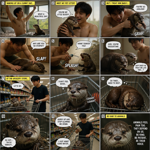A Long COMIC BOOK and shows the otter story Waking up in the morning on a Sunny day and no cin pajamas and his pet otter but Excessively bully’s the otter. in the grocery store and the Otter coughs up Saliva and takes a nap in the cart and gets dehydrated and sweaty. But he