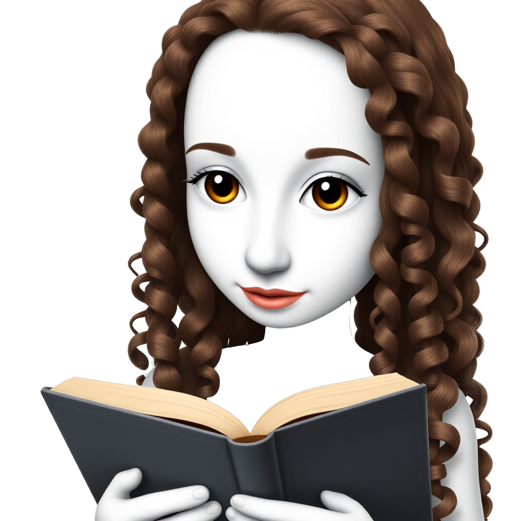 Skinny face White girl VERY LONGGG brown curly hair brown eyes pink lips small nose and READING A BOOK