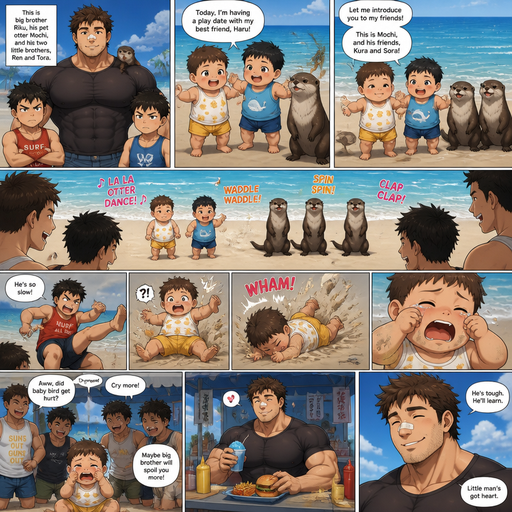 DETAILED AND LIFELIKE show everything and picture Long and detailed anime Comic Book story view of a Bulky but Muscular ANIME Cute Bara Man With Peach toned skin Who looks Normal aind round facial Structure and Basic facial structure With Puffy and Big Pecs that are visible through the shirt and Biceps and Bandaid on his nose and Brown short hair that makes them look tough. Wearing normal With his pet Grown and healthy realistic otter and 2 little brothers that despises the baby and the baby knows and baby that are in different ages but tanky and Big ARMS BUT PERFECT WAIST AND ABS young. The baby is with his best friend baby on a play date and they are wearing cute summer clothes and the baby tells the baby‘s best friend and the otter Introduces his friends at the beach and there art 3 otters and Baby’s and they perform a fun dance routines infront of some guys. Amd it‘s childish and the baby looks scared, and flys into the sand from one of them and cries while big bro is getting food and they make funnof them for it and it hurts so much but big bro loved it.
