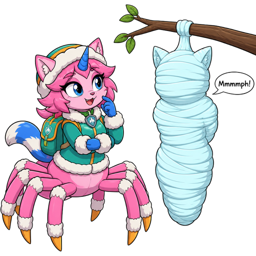 anthro girl pink cat drider with blue and white tail white wrists blue hands white ankles yellow tips on spider legs green collar blue unicorn horn wearing everest's hat clothing with backpack on left side next to wrapped up and mummified fully covered in a #B8FFFF spider slik cocoon shaped like furry cat boy kid anthro arms behind back with #B8FFFF spider slik wrappings completely covered with thick layers non-transparent #B8FFFF spider slik wrappings Mmmmph! hanged to the branch