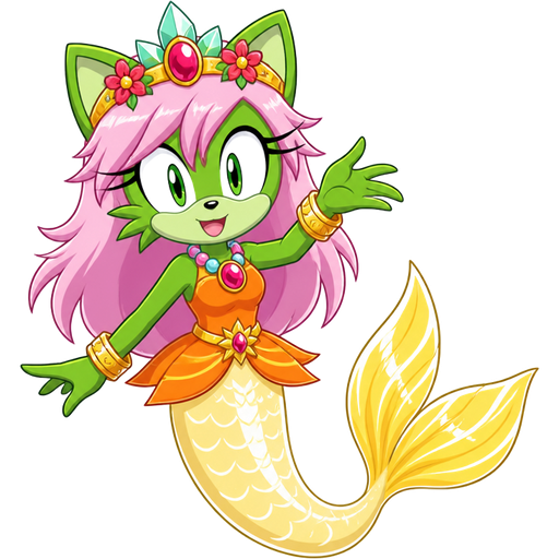 green cat with light pink hair red and flower light cyan crown pink and blue necklace golden and golden bracelets orange dress attached to long light yellow mermaid tail with white highlights with yellow tail fins with white highlights (sonic x anime)
