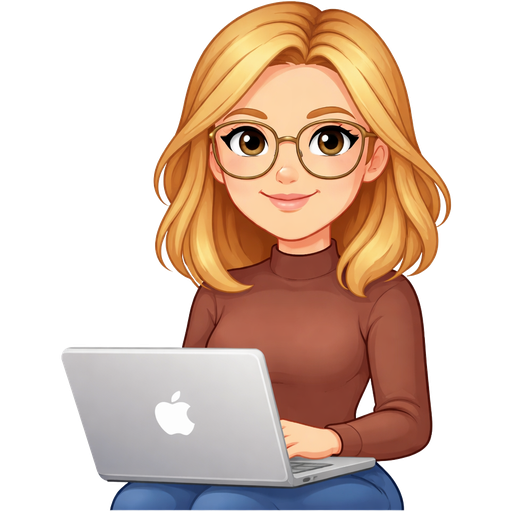 Apple iOS style: young woman with medium blonde slightly wavy shoulder-length hair, wearing fashionable pantos-shaped glasses (rounded square frames), dressed in a tight-fitting brown sweater. She is sitting with a laptop on her lap, smiling slightly. Flat vector design, minimalist, pastel colors, clean lines, isolated on white background, professional emoji style, high detail for an emoji